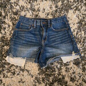 Old Navy Girls 14 High-Rise Denim Jean Shorts Raw Hem Lace Liner Adjustable